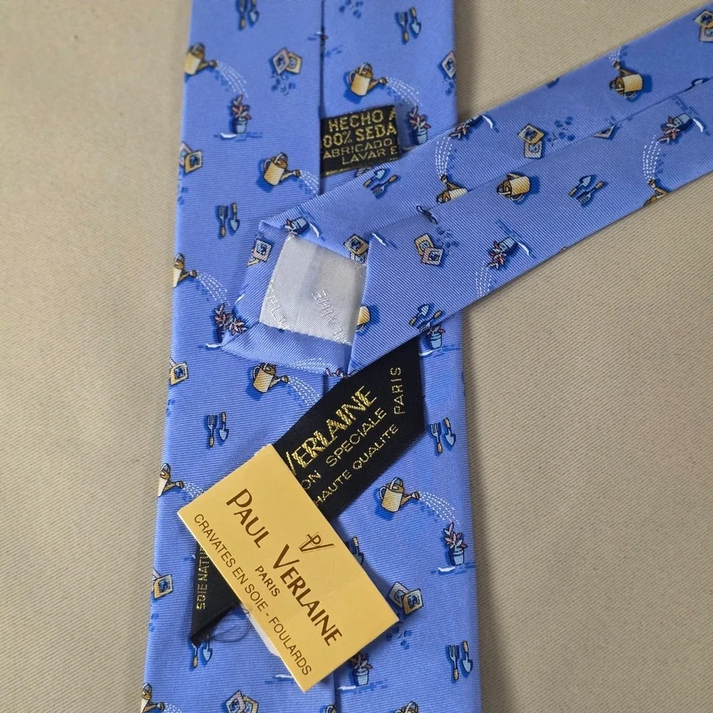 Paul Verlaine Paris Silk Tie Sky Blue Gardening Motif Spain‎ Mens Necktie